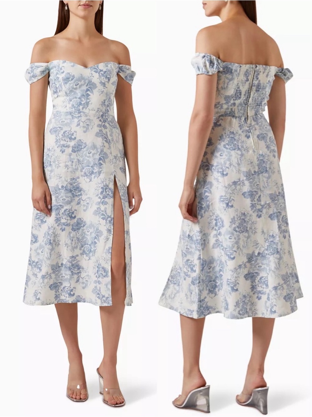 Reformation Bridgton Floral Off the Shoulder Linen Midi Dress Teacup Size 8 NWT